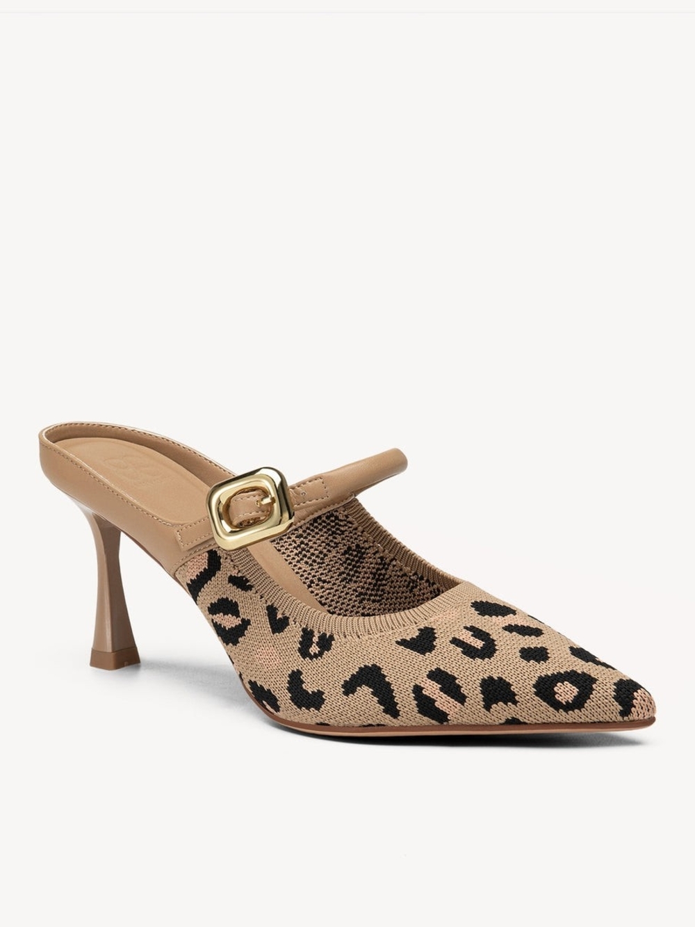 Leopard Knit Pointed Mary Jane Mule in Beige